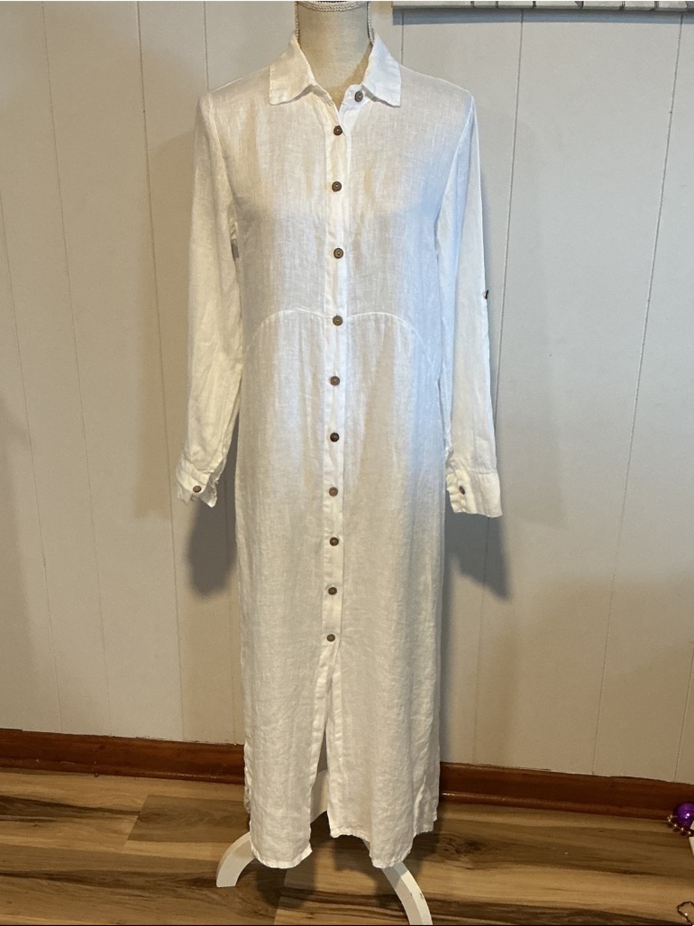 100% linen-CHARLIE B White Linen Button-Front Maxi Dress